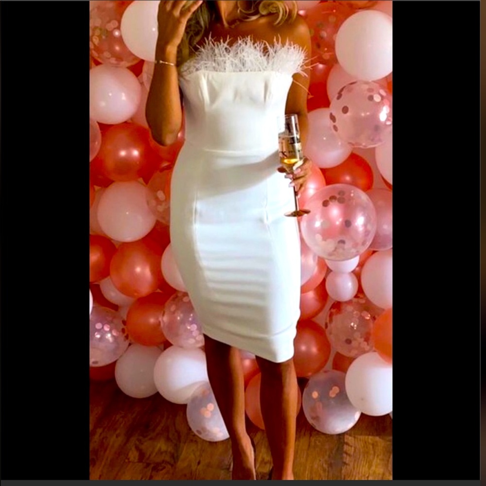 House of CB Bianca White Feather Strapless Dress